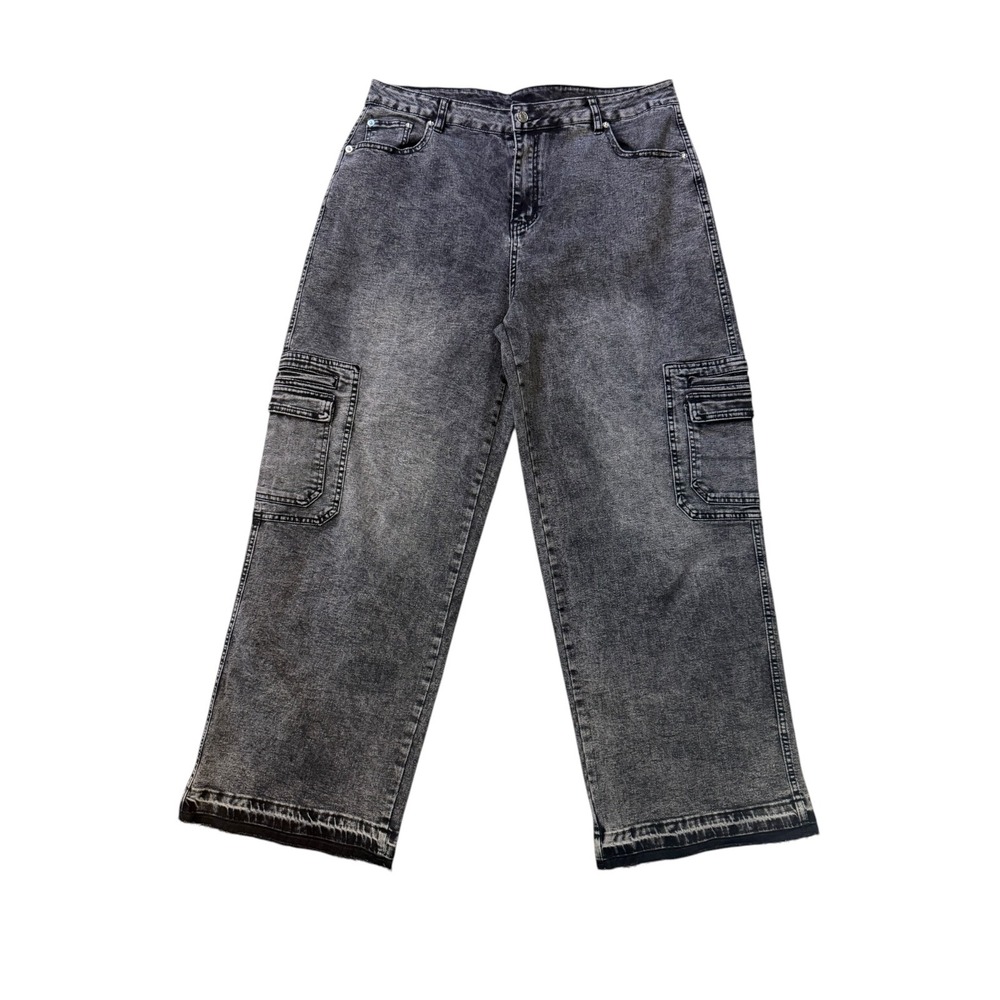 Emmiol Womens Acid Wash Cargo Wide Leg Jeans Grey Black High Rise Size 10 NEW